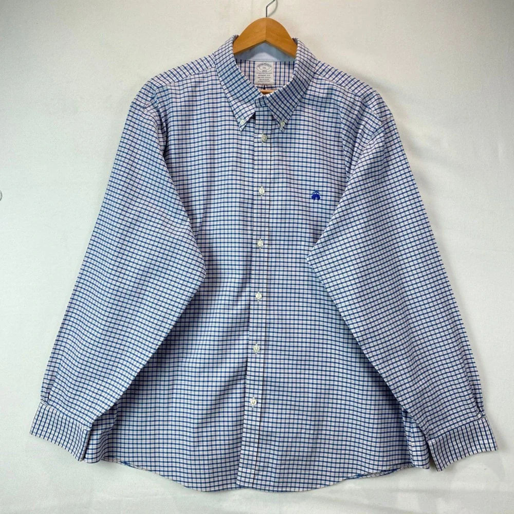 Brooks Brothers Regent Fit Mens XXL Blue Red Tattersall Non-Iron Stretch Shirt
